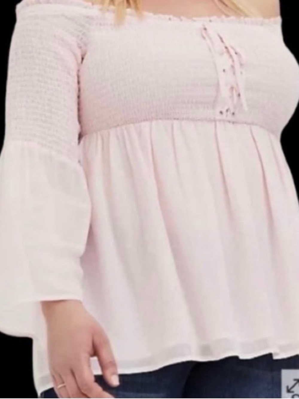 Light Pink Smocked Lace-Up Babydoll Blouse - Picture 3 of 10